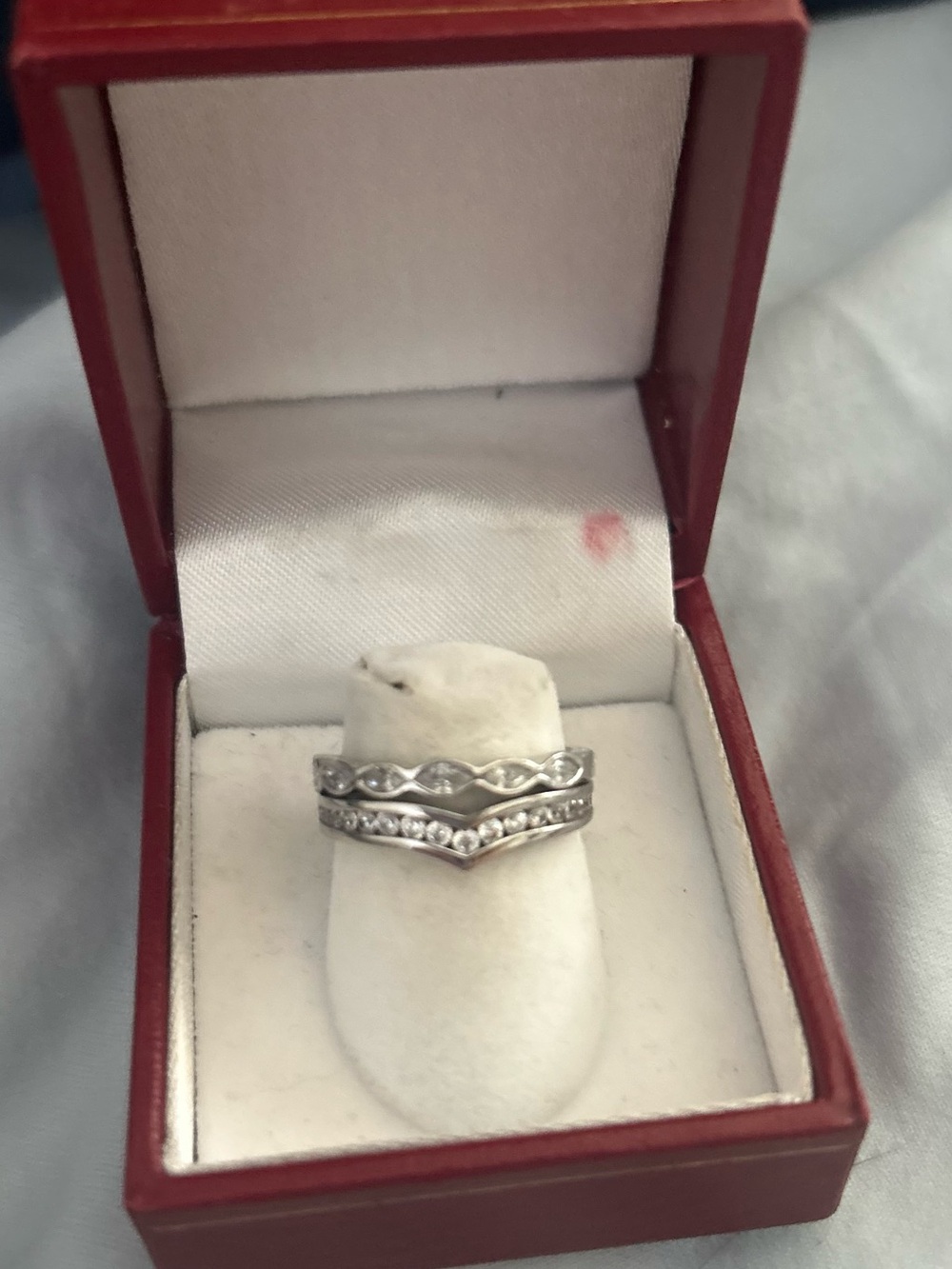 Silver Tone Chevron and Curved Stackable Ring Set - White
